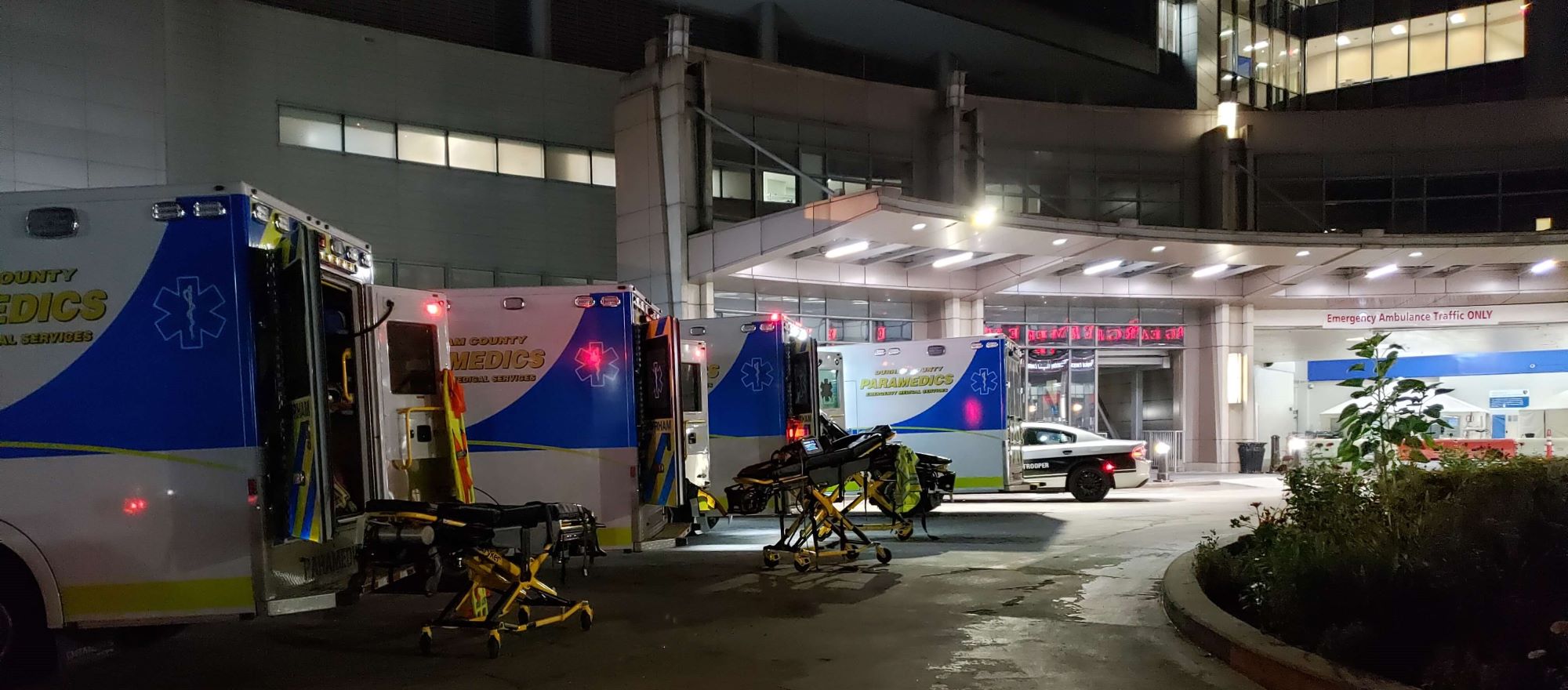 Ambulances outside of Duke Hospital