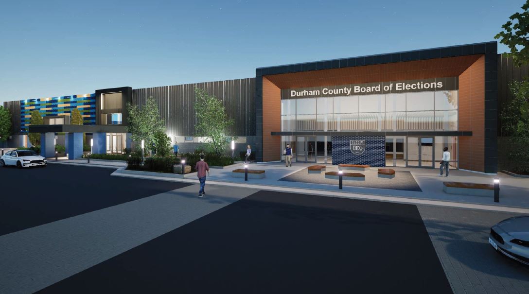 Render image of the board of elections facility in the evening.