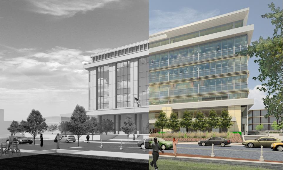 Image of 201 East main with the left side the old facade and the right the new side.