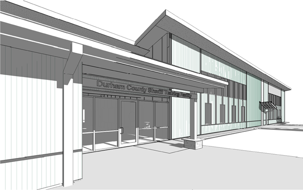 Rendered image of the front of the sheriff's training center.