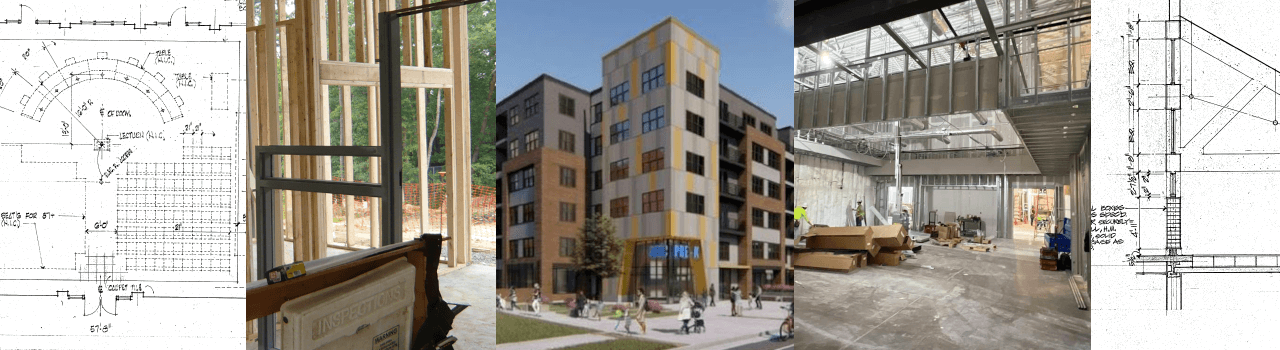Collage of design and construction photos.