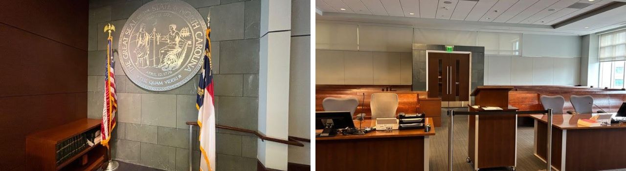 Two different views from inside of Durham County courtroom