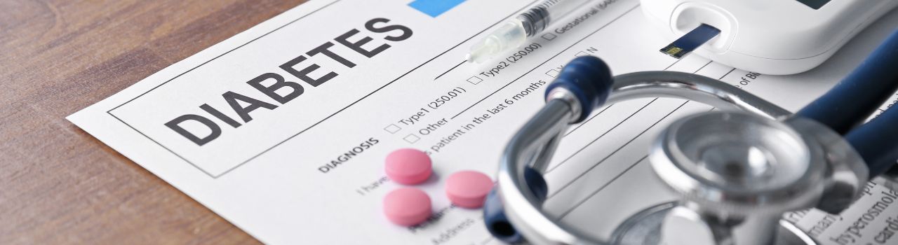 Diabetes test results form with other medical equipment on desk.