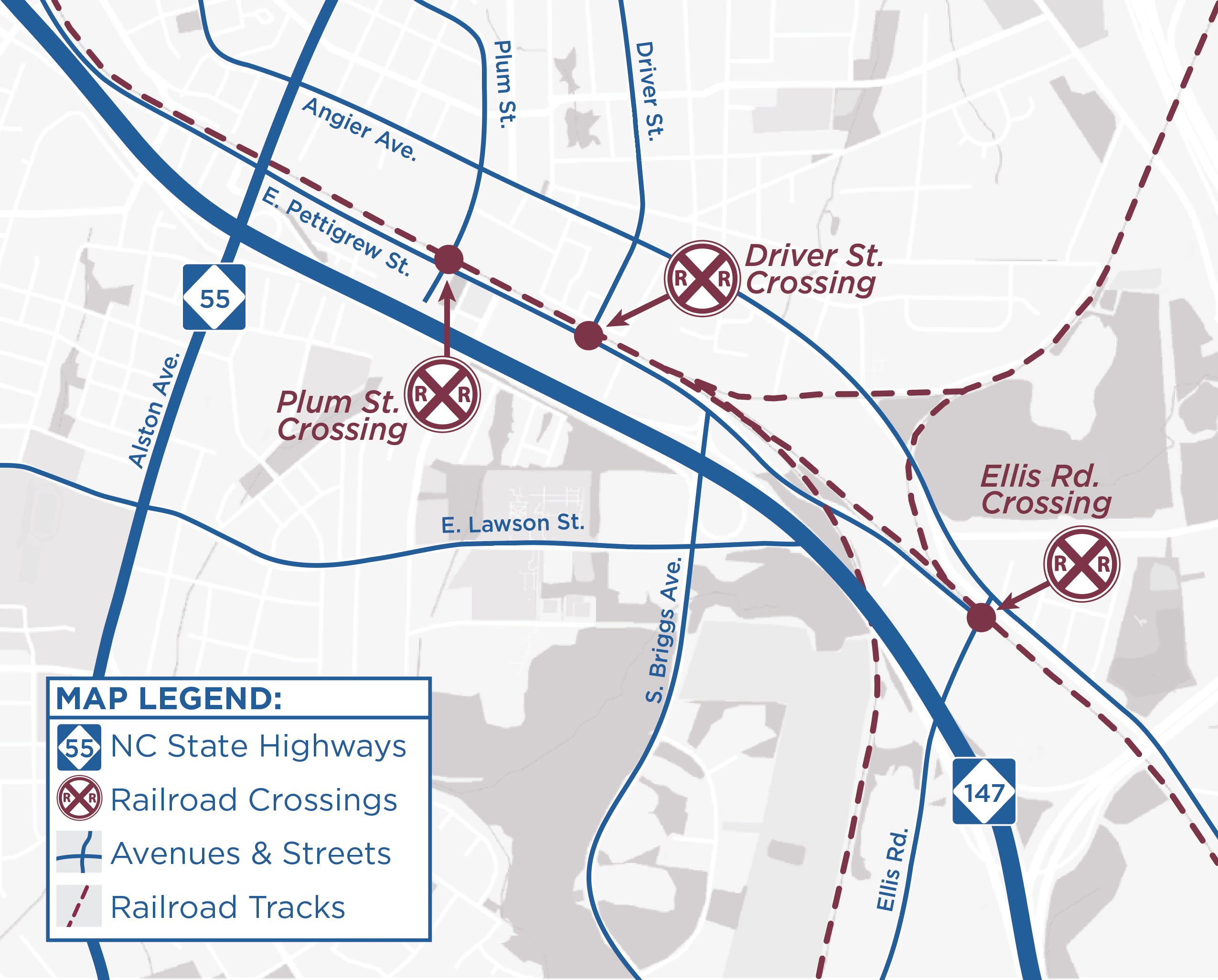 East Durham Rail Crossings Study map showing the three railroad crossings from left to right: Plum Street, Driver Street, and Ellis Road.