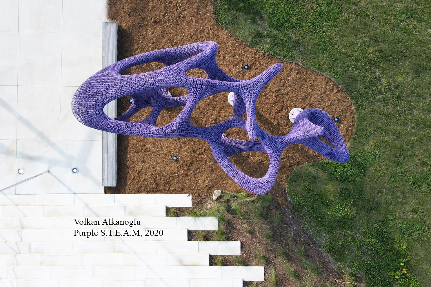 Aerial View of large purple sculpture